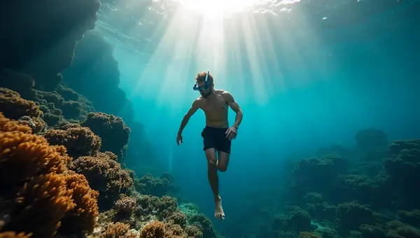 Athletic Man Snorkeling Among Coral Reefs