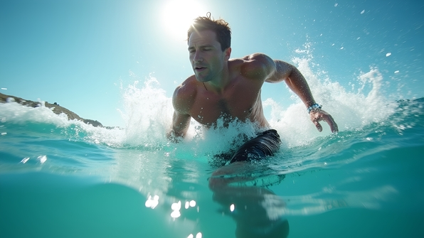 Athletic Man Swimming Vigorously In Clear Blue Water