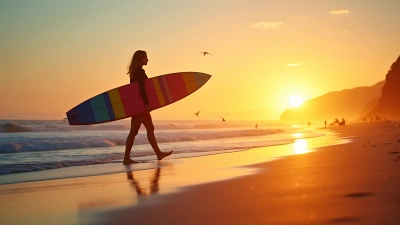 Athletic Woman Carrying Surfboard On Beach At Sunset