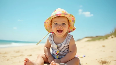 Baby Sitting On Golden Beach Sand Smiling