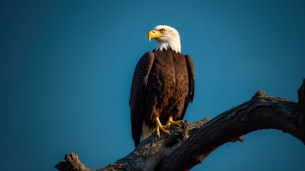 Bald eagle perched on a rugged tree branch against a clear blue sky