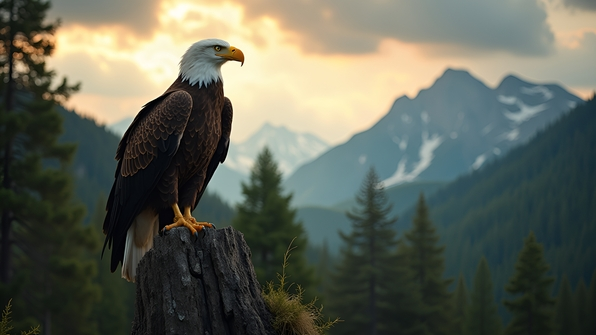 Bald eagle perched on rugged tree trunk in dense green forest under clear blue sky