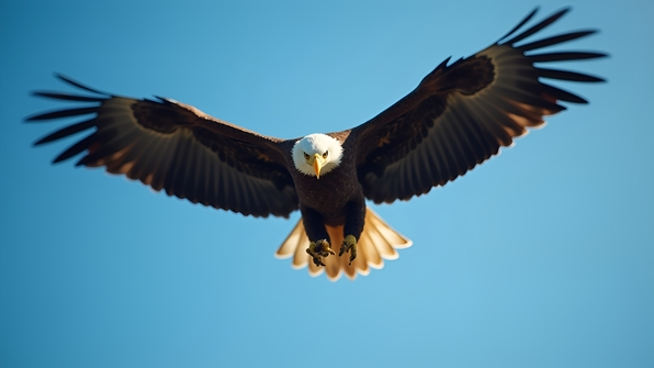 Bald eagle soaring with sharp eyes clutching a buzzing bee in its talon against a clear blue sky