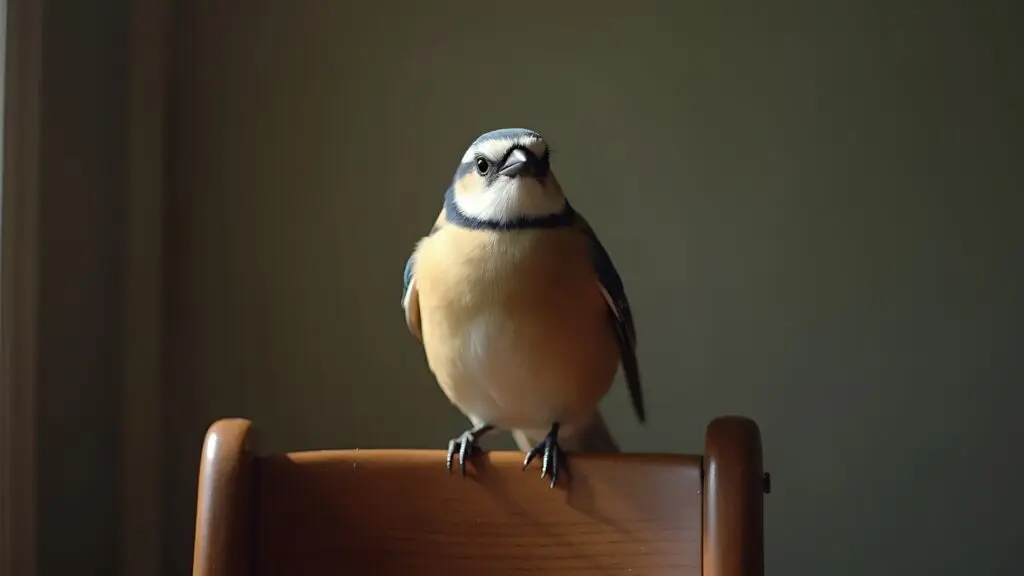 Beige And Blue Bird On Vintage Chair