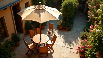 Beige Parasol Over Sunlit Patio With Vintage Furniture
