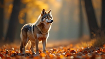 Beige Wolf Standing Alert in Autumn Forest