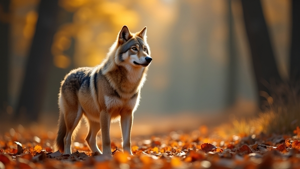 Beige Wolf Standing Alert in Autumn Forest