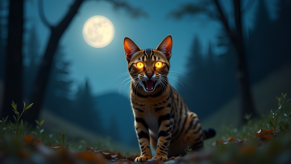 A Bengal cat howling under moonlight in a forest clearing