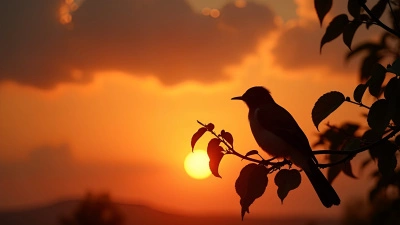 Bird Silhouette Perched On Branch At Sunset