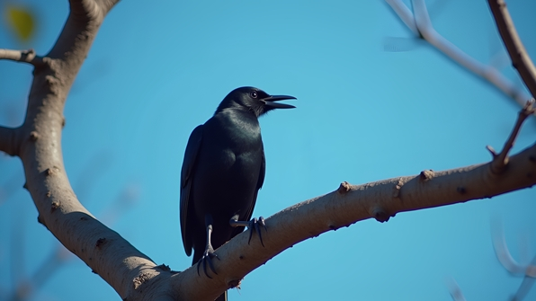 A sleek black bird perched on a textured brown tree branch in bright daytime sunlight with a clear blue sky background