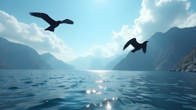 Black Birds Soaring Over Serene Sea and Mountains