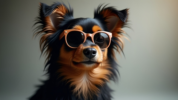 Black and brown long-haired dog wearing stylish brown sunglasses sitting confidently