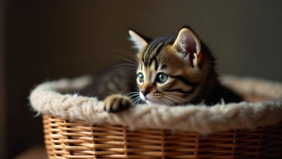 Black Brown Tabby Kitten in Cozy Basket
