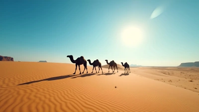 Black Camels Walking Across Desert Dunes