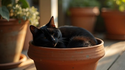 Black Cat Curled in Rustic Clay Pot