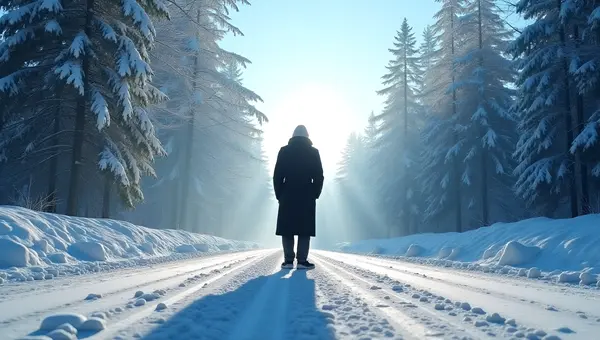 Black Coat Individual on Snowy Road