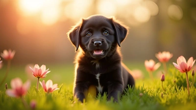 Black-Coated Puppy Sitting on Grass in Sunlight