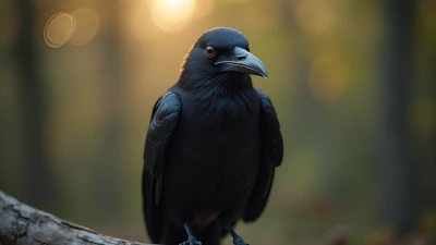 Black Crow Close-Up on Weathered Branch