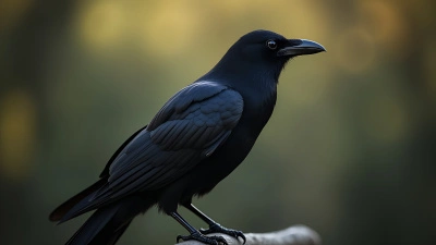 Black Crow Perched On Branch With Glossy Feathers