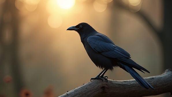 Close-up selective focus photo of a black crow perched on a weathered branch with a soft blurred natural background