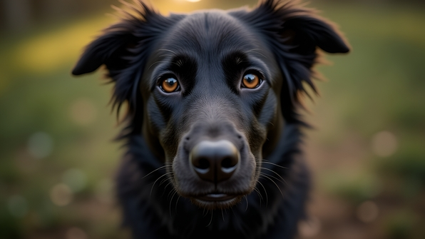 Close-up shallow focus portrait of a black dog with glossy fur and expressive eyes in natural outdoor lighting