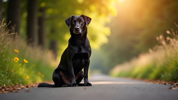 A sleek black dog with a long coat sitting calmly on a sunlit rural road surrounded by green trees and a clear blue sky
