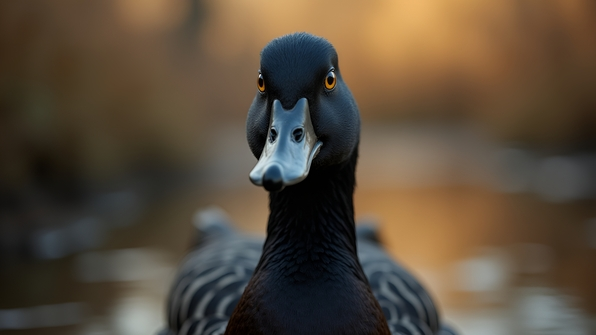 Close-up selective focus image of a black duck showing sharp feather details against a blurred wetland background