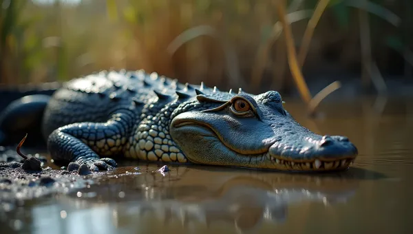 Black And Gray Alligator Resting On Riverbank