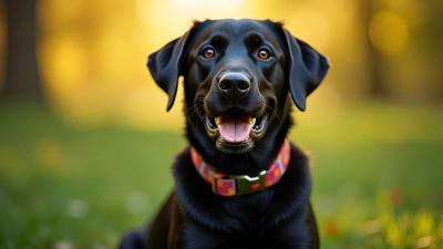Black Labrador Retriever Wearing Colorful Collar Outdoors