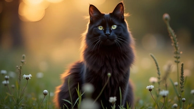 Black Long-Fur Cat Sitting Gracefully