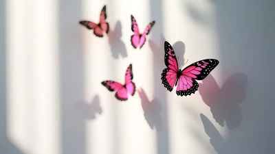 Black And Pink Butterflies On White Wall