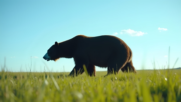 Black polar bear walking on vibrant green grass field under clear blue sky
