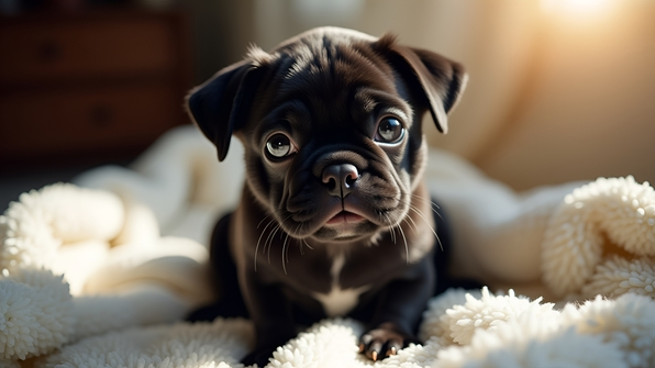 Black pug puppy sitting on a soft blanket with big expressive eyes and wrinkled forehead