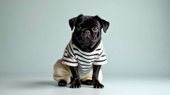 Black pug wearing a striped shirt and white pants sitting against a light background