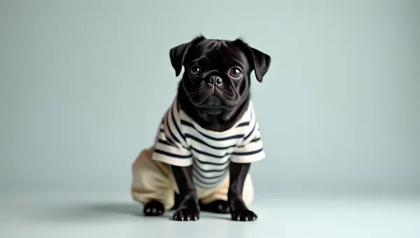Black Pug Wearing Striped Shirt and White Pants