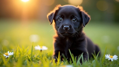Black Puppy Sitting on Soft Grass
