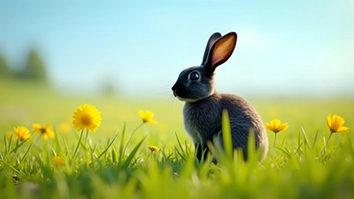 Black Rabbit in Sunlit Wildflower Field