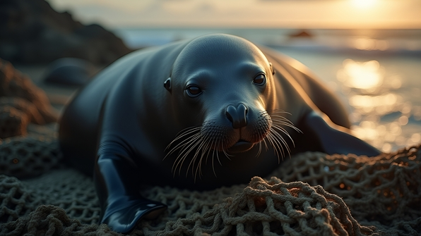 A sleek black sea lion resting on a weathered fishing net under soft coastal sunlight