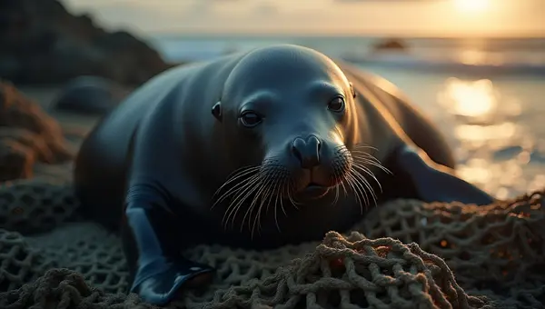 Black Sea Lion Resting on Fishing Net