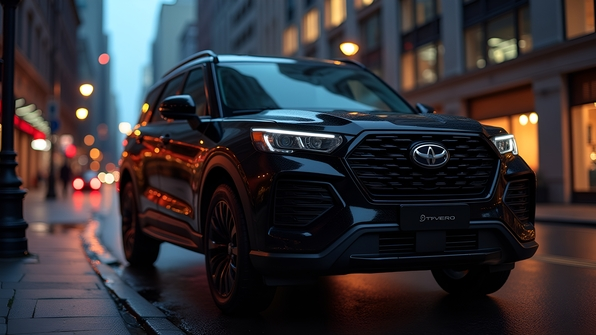 Black SUV with reflective windows parked on an urban street at dusk