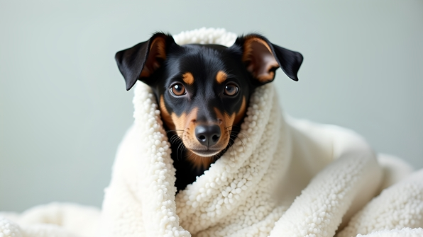 Black and tan dog wrapped in white fabric sitting calmly against a light background