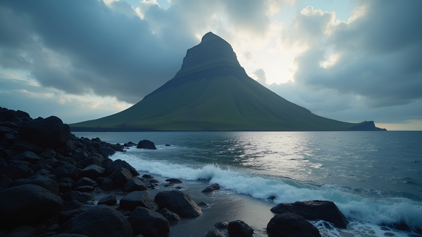 Black Volcanic Mountain Rising Over Calm Sea