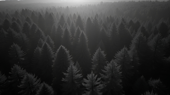 Black and white aerial view of dense forest canopy showing intricate tree patterns and natural textures