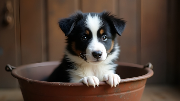 Black And White Border Collie Puppy In Bucket