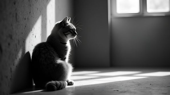 Black and white cat sitting calmly next to a textured wall with soft shadows and natural lighting