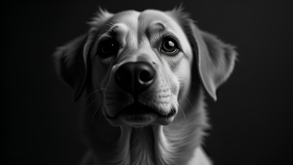 Close-up black and white dog portrait showing detailed fur texture and expressive eyes