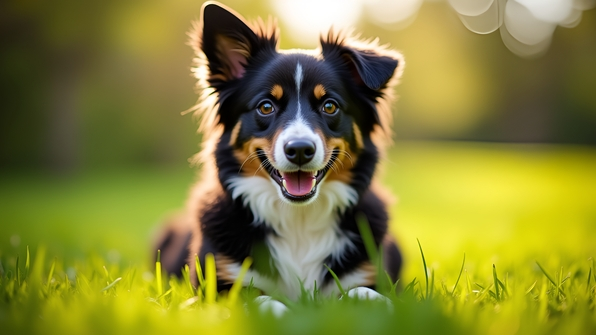 A black and white dog sitting outdoors on green grass, looking attentive with bright eyes and a shiny coat under natural daylight