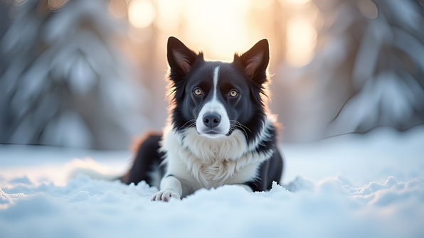 Close-up selective focus of a black and white dog sitting on fresh white snow under soft natural light