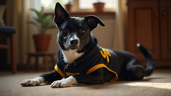 Black and white dog wearing Woof shirt lying on the floor indoors