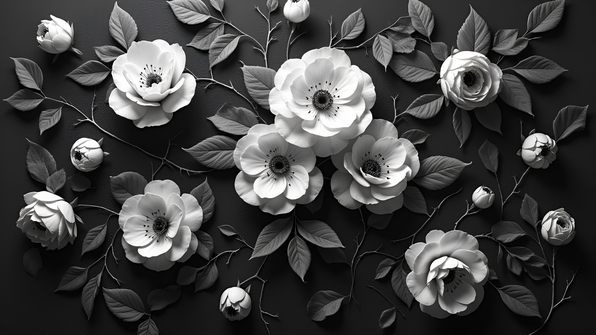 Black and white floral fabric pattern featuring intricate elegant blossoms and leaves